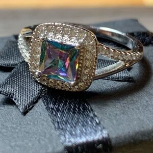 Iridescent Silver Ring with Square Gemstone